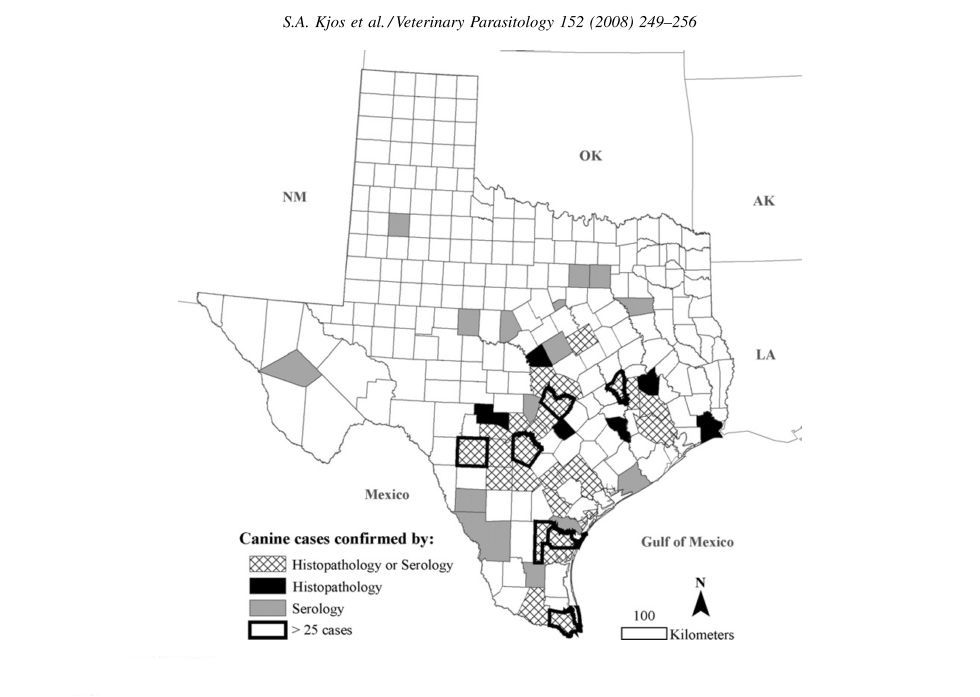 Map of Texas counties symbolized by confirmed cases of canine Chagas disease.